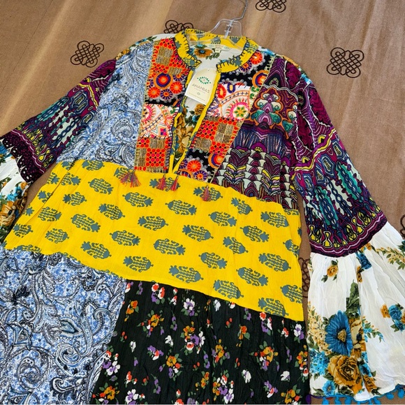 Anandas Collection NWT! Yellow/Multi Patchwork Boho Chic Shift Dress Top Coverup - Picture 6 of 17